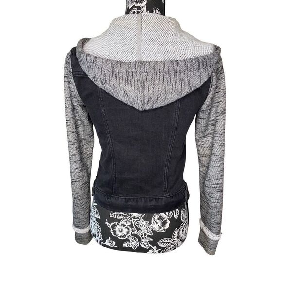 Mudd Black Denim Colorblock Hooded Jean Jacket Distressed Sweater Sleeve Grunge - Picture 2 of 15